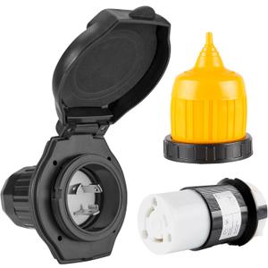 Ficstar 30 AMP RV Power Inlet Receptacle Power Plug with Indicator, 125V, Female Twist Locking Connector with Weatherproof Cover Boot Kit for RV Trailer Boat Caravan Camper, NEMA L5-30R Black Plug