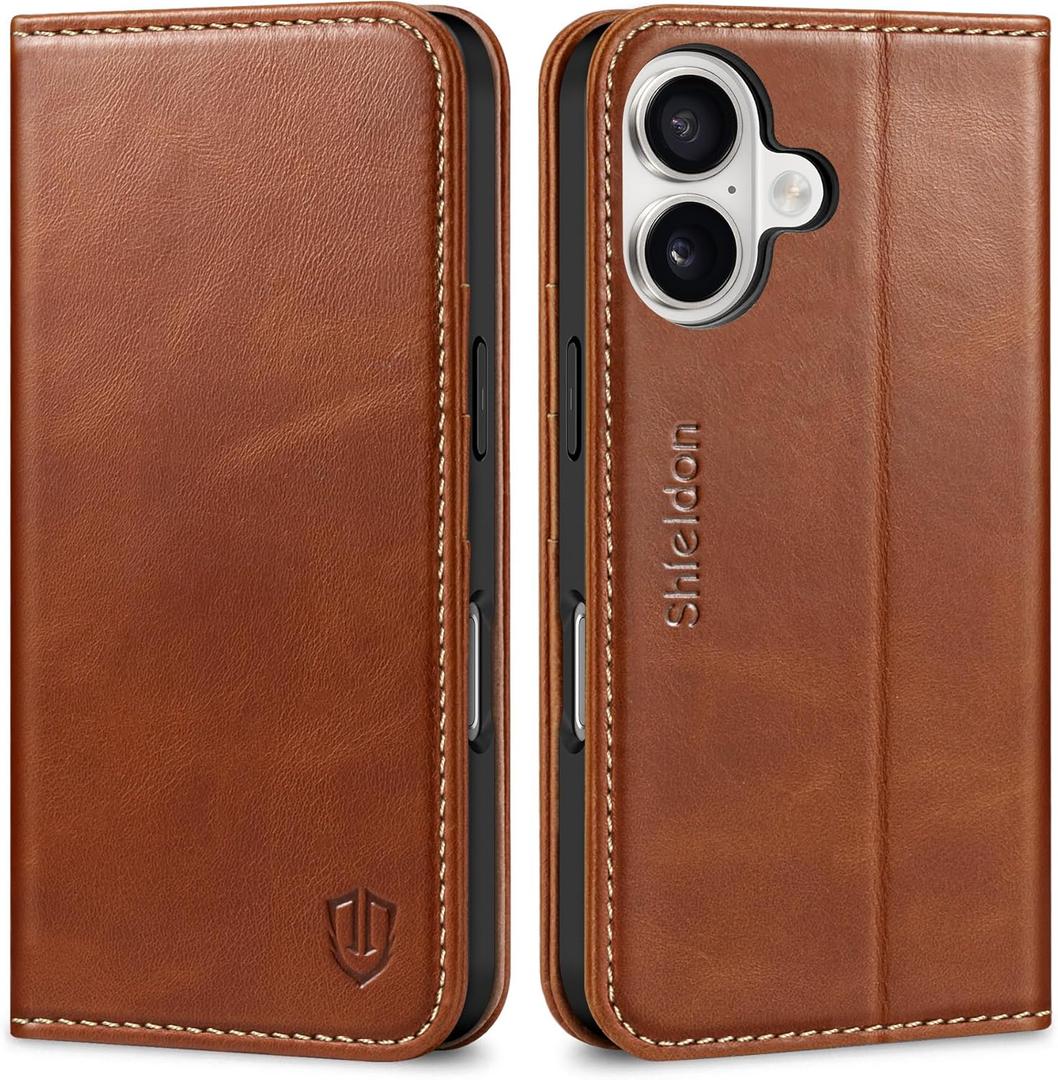 SHIELDON Genuine Leather Case Wallet for iPhone 17 6.3-inch 5G 2025 | Foldable, Magnetic Closure, Kickstand, RFID Blocking Credit Card Holder, Shock-Absorbent Phone Cover - Retro Brown