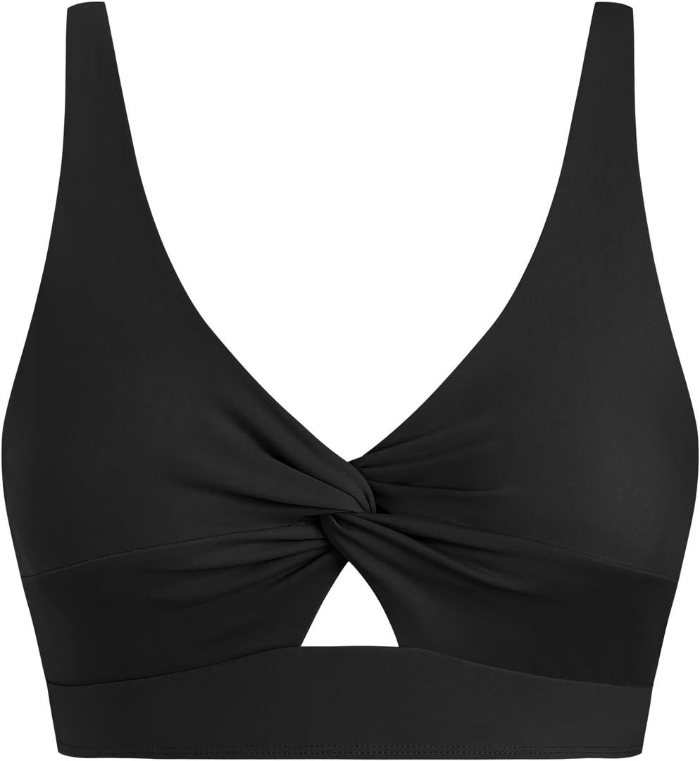 ZAFUL Cropped Bikini Tops for Women Twist Front Tankini Tops Beach Padded Swimsuit Cut Out Bathing Suit Top Only (Large, Black)
