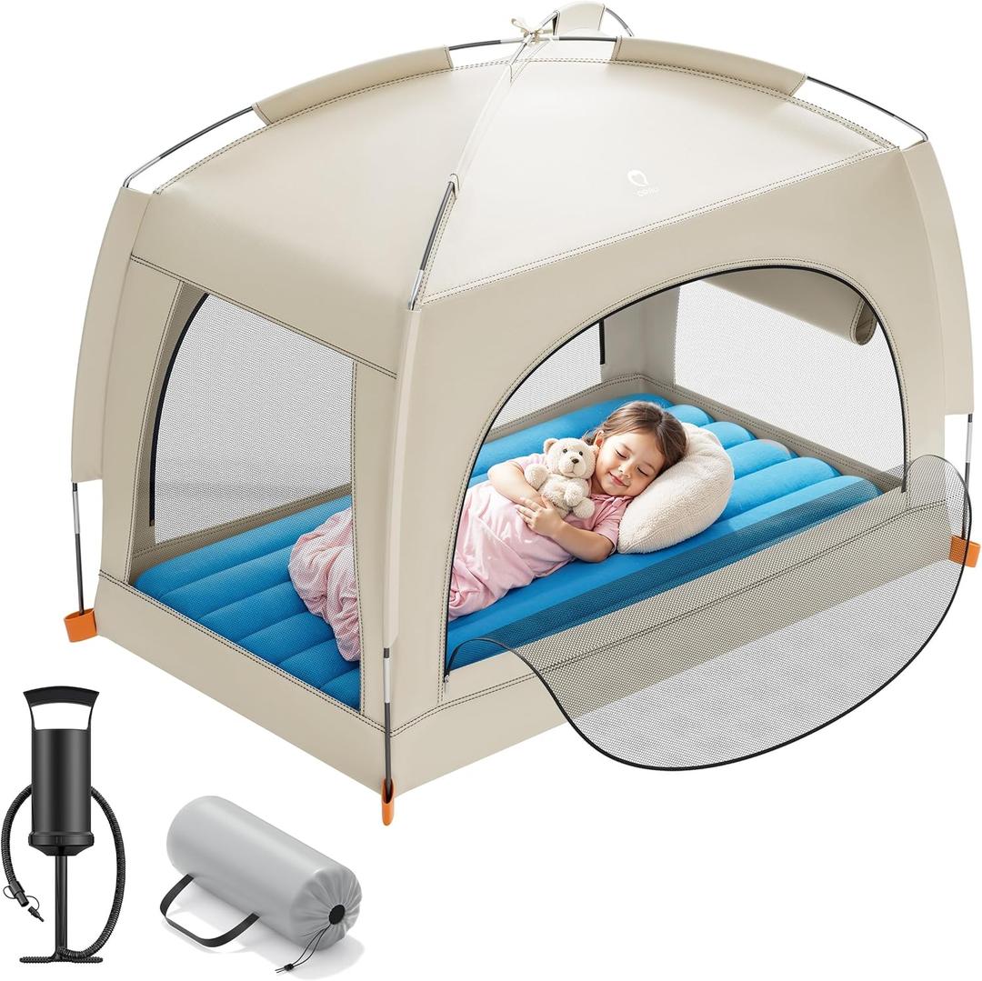 QPAU Inflatable Toddler Travel Bed with Tent  Lightweight Blow Up Kids Air Mattress with Hand Pump  Indoor & Outdoor Portable Sleeping Solution for Camping, Travel, Home, Grandmas  Ages 3+ (B-Khaki Blue)