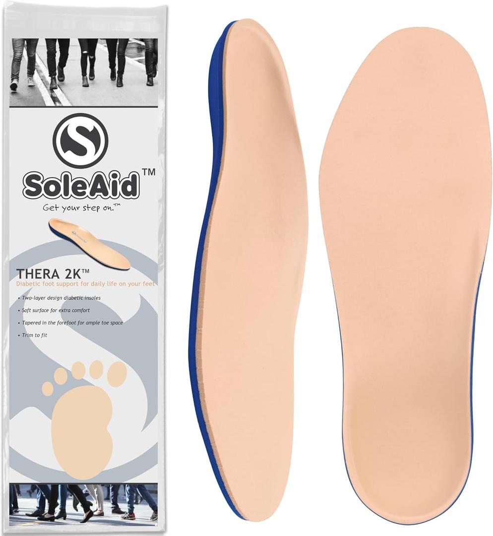 SoleAid Thera2K, 2-Layer Diabetic Insoles - Light Weight, Soft, Anti-Friction, Therapeutic Foot Support (Women 7-8 / Men 5-6)