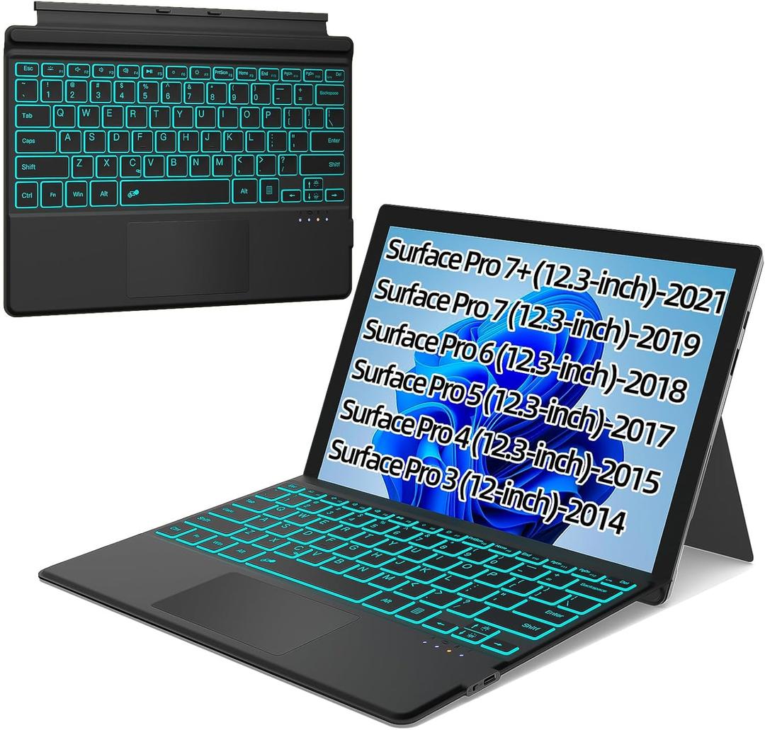 XIWMIX Keyboard for Microsoft Surface Pro 7/ Pro 7 Plus/Pro 6/ Pro 5/ Pro 4 12.3"/Pro 3, Portable Bluetooth 5.2 Wireless,Multi-Gesture Touchpad 7-Color Backlit Type Cover for Surface Pro 7/7+/6/5/4/3