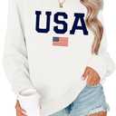 Dressmine Womens USA Shirt Casual Long Sleeve Graphic Tees Knit Crew Neck Sweatshirts Loose Pullover (White, XXL)