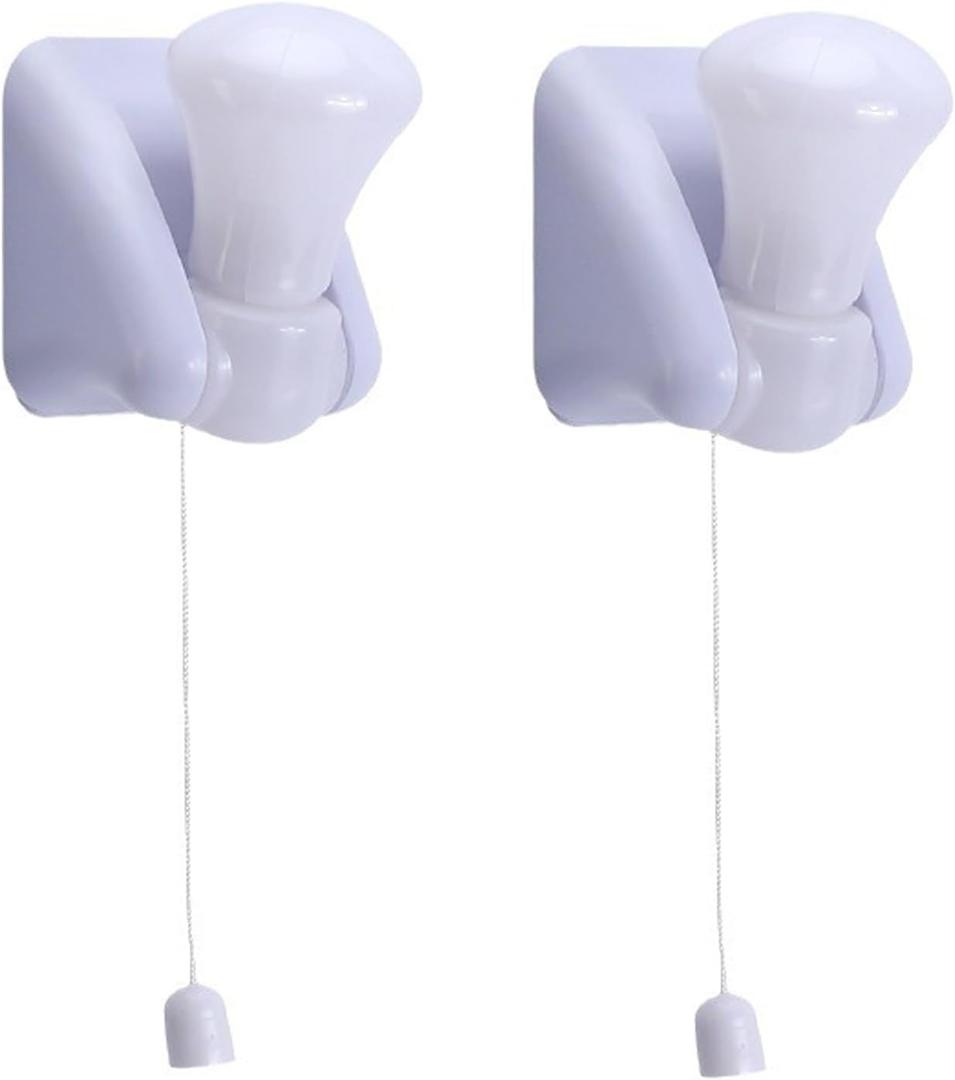 2 Pack Battery Operated Light Bulb, Stick-Up Wireless LED Closet Light Bulb, Battery Powered Self Adhesive Wall Mounted Light Fixture with Pull Chain for Cabinet Bedroom Living Room Kitchen (Milk White,2Pack)