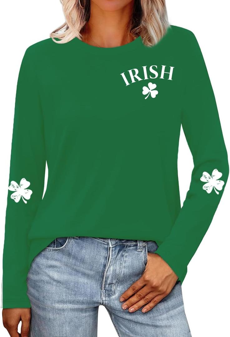 St Patricks Day Shirt for Women Lucky Shamrock T-Shirt Long Sleeve Irish Clover Heart Tee Top (Large, Green3)