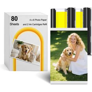 Compatible with Liene Amber M100/M200/M110/M210 4x6" Photo Printer 80 Sheets Photo Paper & 2 Ink Cartridges Refill,Only for DHP512/DHP513/DHP514/DHP515 Printer,Dye Sublimation, Water & Oxidation-Proof