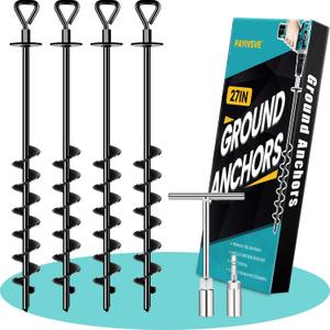 Ground Anchors Screw in, Heavy Duty Ground Trampoline Stakes High Wind Tent Stakes for Tent, Trampoline, Gazebo, Carport, Trap Anchor, Canopies, Swing Set (4x27", Black)