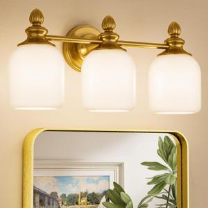Keonjinn Gold Bathroom Light Fixtures, 3-Light Vintage Vanity Lights for Mirror with Frosted Glass Shades, UL Listed E26 Base(Bulbs Not Included), Reversible Vanity Lighting Fixtures for Bathroom