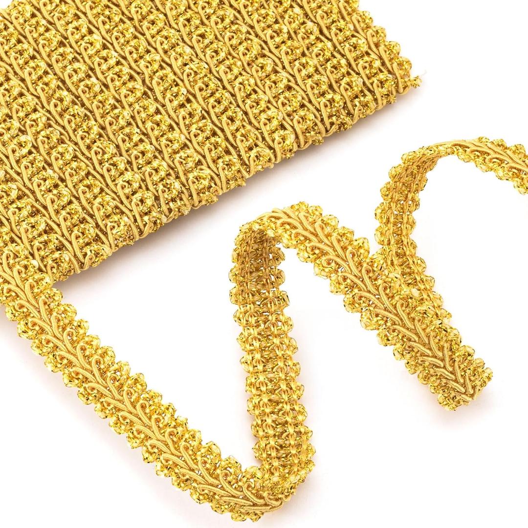 PAGOW 10 Yards Gold Lace Trim, 0.51 Inch Woven Fabric Polyester Gold Trim for Sewing, Gold Braided Trims for Jewelry Making Wedding Bridal Costume DIY Crafts Sewing Curtain