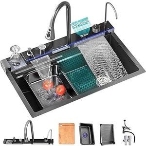 Digital Display Embossed Stainless Steel Sink Nano Black Kitchen Single Bowl Sink With Flying Rain Waterfall, Integrated Workstation, Pull-Out Tap, Drain Ba 31.5inch X18.6inch.Depth 8.6inch,)3 Black-Grey Upgrade