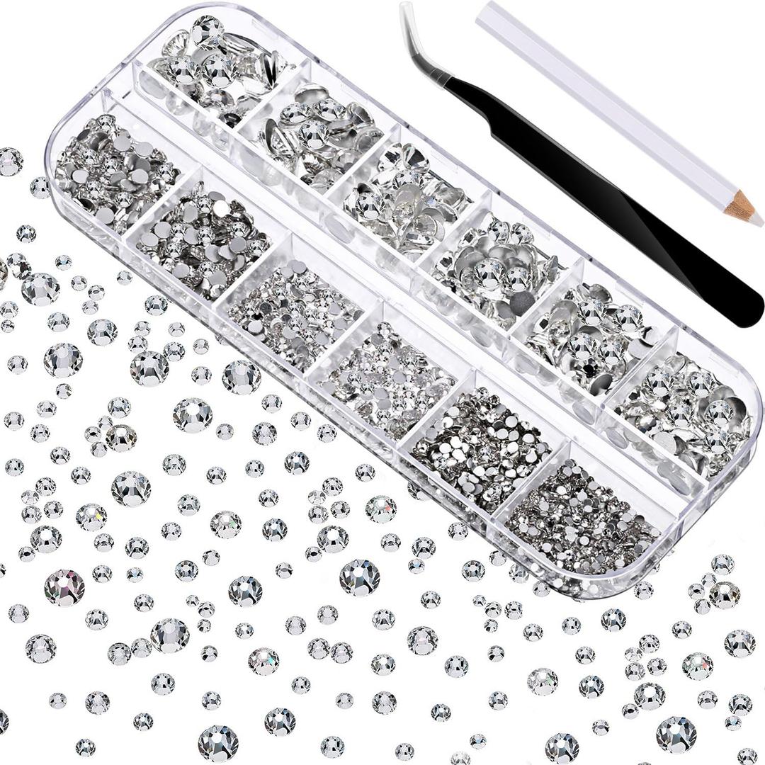 2000 Pieces Flat Back Gems Rhinestones 6 Sizes (1.5-6 Mm) Round Crystal with Pick up Tweezer and Rhinestones Picking Pen for Crafts Nail Clothes Shoes Bags DIY Art (Clear)