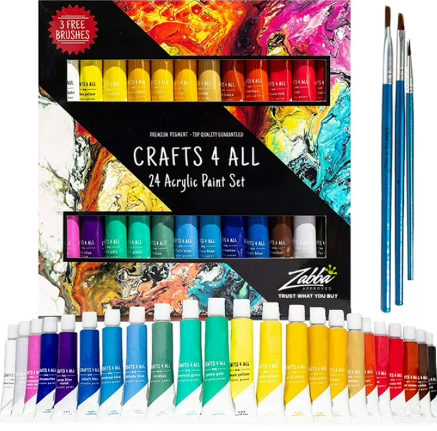 Crafts 4 All Acrylic Paint Set - Art Paints for Canvas, Model Painting, Wood, Ceramics and Fabric - Craft Supplies with 3 Artist Brushes for Adults & Kids﻿, 24 Packx12ml