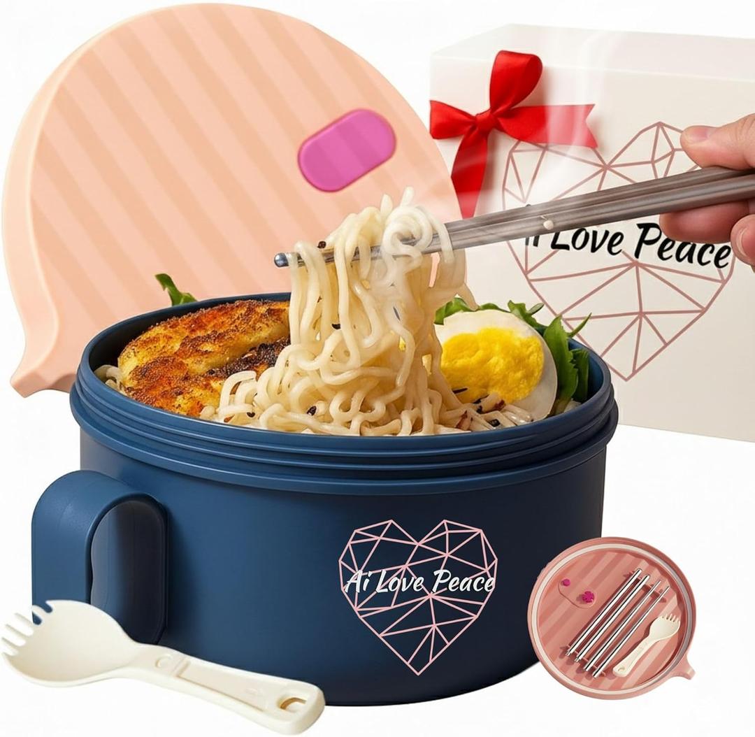 AI LOVE PEACE Ramen Bowl, 40 oz Microwaveable Noodle Cooker for Ramen, Pho, Soup, and Pasta, Dishwasher Safe and Portable, Ideal for Home, Office, Dorm, or Gift (Pink)