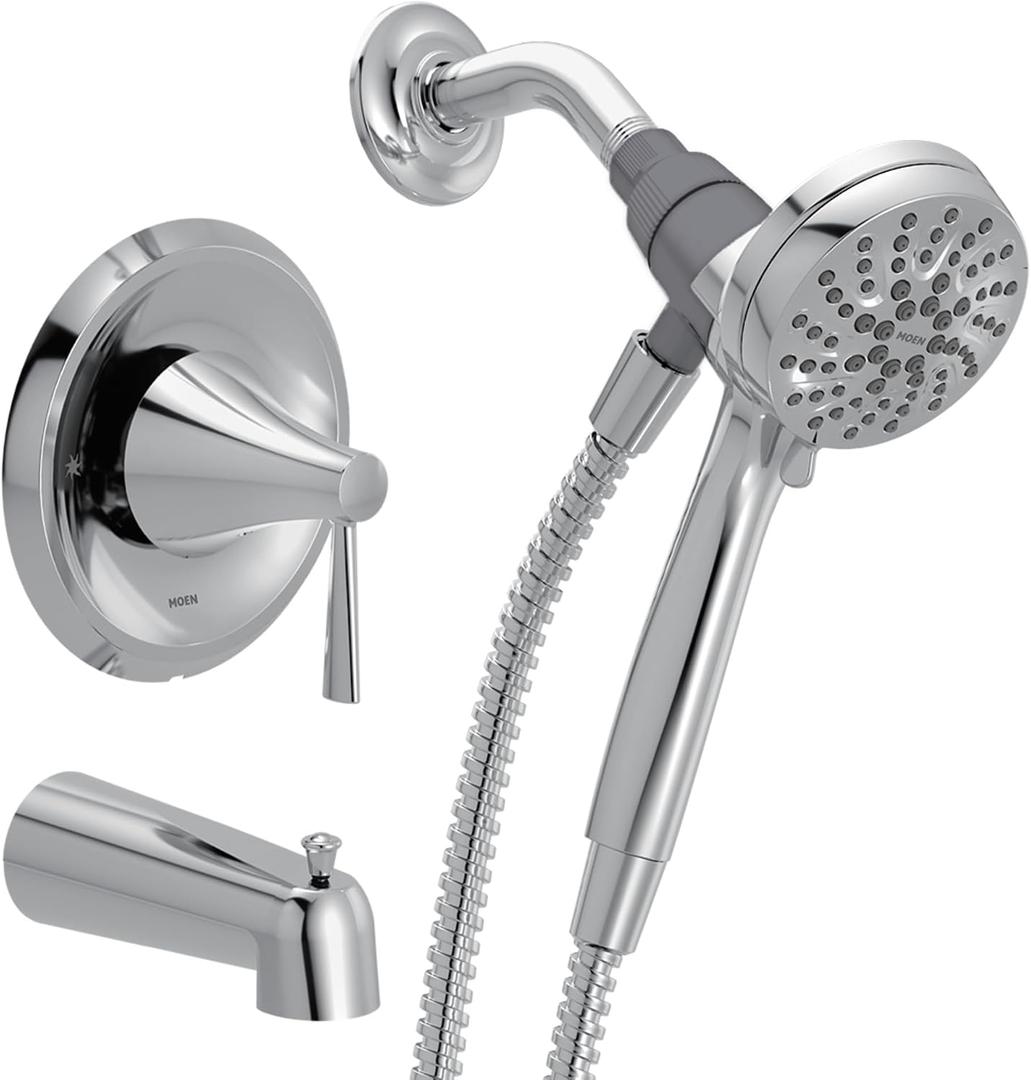 Moen Ronan Chrome Single-Handle Modern Tub and Shower Faucet with Round Handheld Rain Shower Spray Head Featuring Magnetix, Valve Included, 82021 Round Showerhead, Chrome
