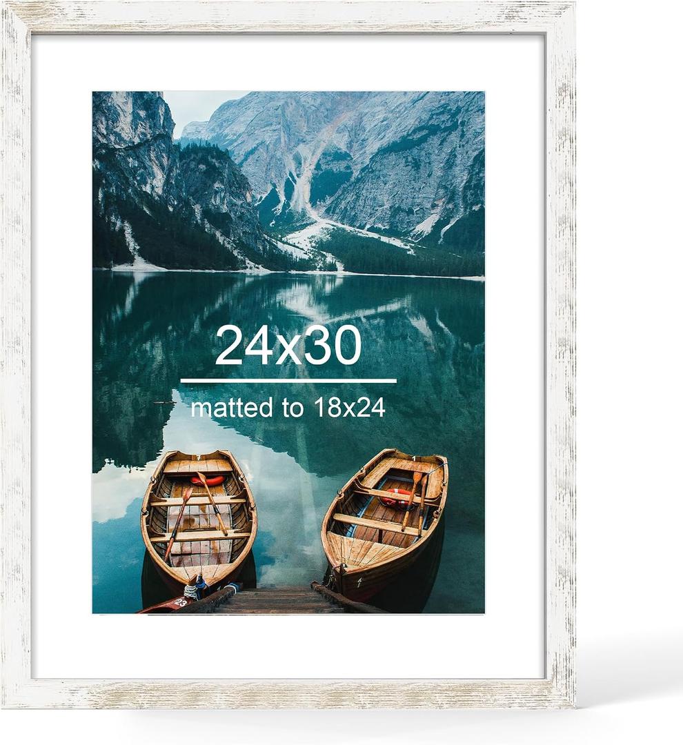 Hongkee 24x30 Frame, Distressed White Wood Style - Display Posters 18 x 24 with Mat or 24x30 without Mat, Wall Mounting Horizontal and Vertical, 1 Pack