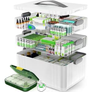 3-Tier Medicine Organizer - Portable Medicine Cabinet with Plastic Handle, Multipurpose Medical Box with Pill Box, Empty First Aid Kit for Home (White)