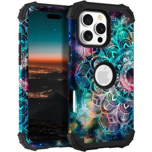 Hocase for iPhone 16 Pro Max Case, Heavy Duty Shockproof Protection Soft Silicone Rubber+Hard Plastic Bumpers Hybrid Protective Case for iPhone 16 Pro Max 2024 - Mandala in Galaxy