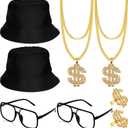 Gejoy 8 Pack Hip Hop Costume Kit 80s 90s Rapper Accessories for Men Women Sunglass Hat Chain Ring Mardi Gras Carnival Decor
