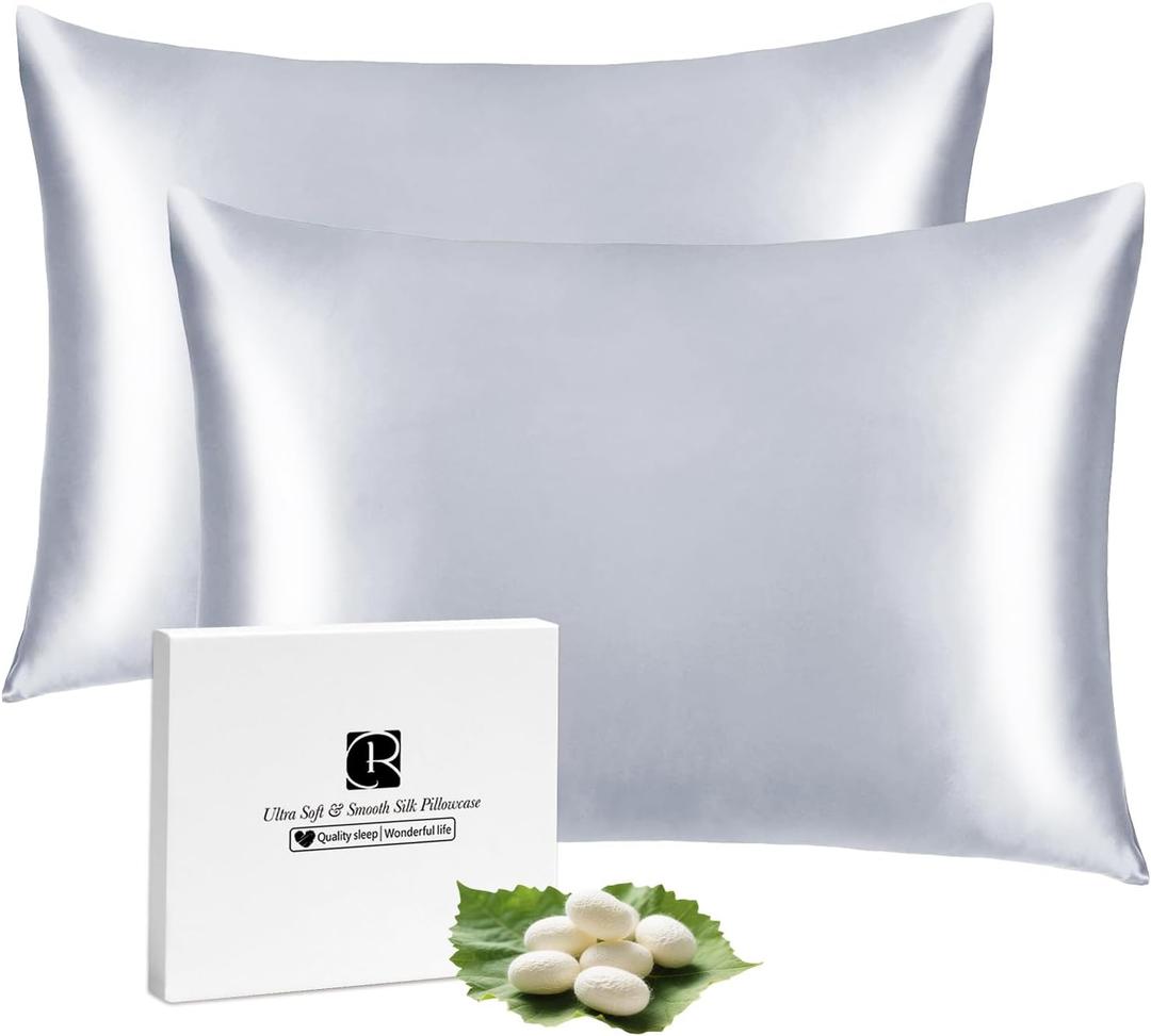 Silk Pillow Cases 2 Pack for Hair and Skin with Hidden Zipper, Ravmix Mulberry Silk Pillowcases Standard Size 20×26inches Set of 2 Silk Cooling Pillow Cases, Silver Grey