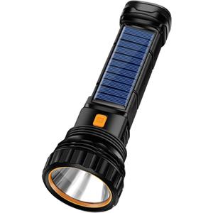Solar/Rechargeable Multi Function 1000 Lumens LED Flashlight, with Emergency Strobe Light and 1200 Mah Battery, Emergency Power Supply and USB Charging Cable, Fast Charging (1PC) (Black)