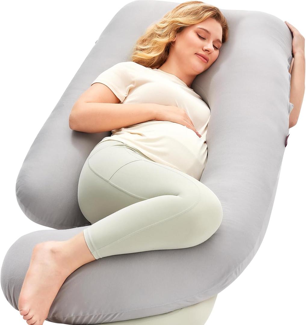 Momcozy Pregnancy Pillows for Sleeping, U Shaped Full Body Pillow for Pregnancy Women with Removable Jersey Cotton Cover, 57 Inch Maternity Pillow, Grey