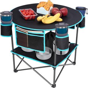 FUNDANGO All in One Tailgate Table, Portable Beach Table with Cup Holders, Camping Table Foldable with Side Pockets Carry Bag for Camp Outdoor Sand Beach Picnic Fishing Tailgating Essentials