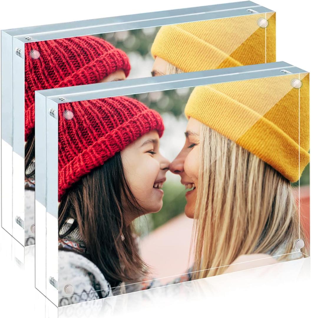 ILYXY 2 Pack Acrylic Frame 5x7, 20% Thicker, 24mm Thick Frameless Clear Picture Frame, Double Sided Magnetic Photo Frame, Free Standing Desktop Display Stand Acrylic Picture Frames