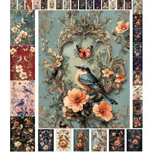 Decoupage Paper Pack (35 Sheets 6"x8") Birdsong Beauty: Graceful Birds Perched Among Floral Arrangements, accompanied by Butterflies, Creating a Harmonious, Vintage-Inspired Nature Scene FLONZ