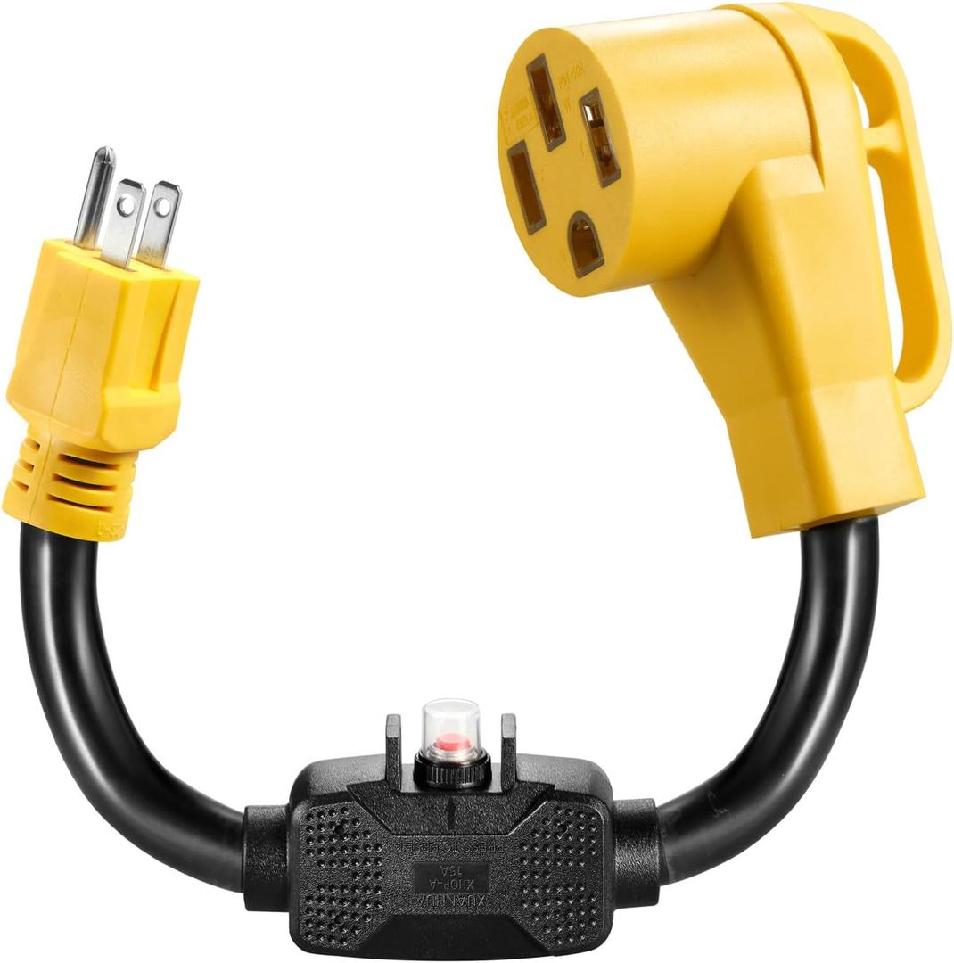 Overload Protector 15 Amp to 50 Amp RV Adapter Cord with Circuit Breaker and Twist Lock, NEMA 5-15P to NEMA 14-50R Dogbone Electrical Power Adapter with Upgraded Handle,ETL Listed