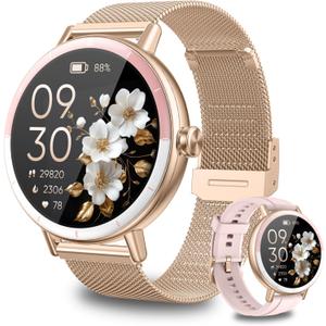 KEEPONFIT Smart Watches for Women Android/iPhone, IP68 Waterproof Fitness Tracker with Bluetooth Calls (Answer&Make), Activity Pedometer/Heart Rate/SpO2 Monitor/100+ Sports Model (Gold Pink)