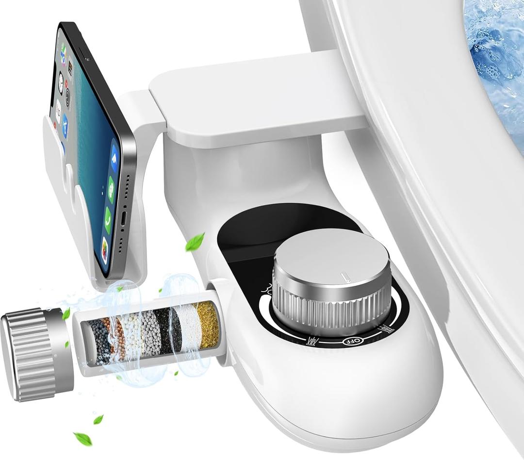 Bidet Attachment for Toilet with Filters, Non-Electric Self Cleaning Dual Nozzle(Frontal/Rear Wash) for Bidet Toilet Seat, Adjustable Water Pressure, Multi-Stage Water Softener Filters for Hard Water (White)