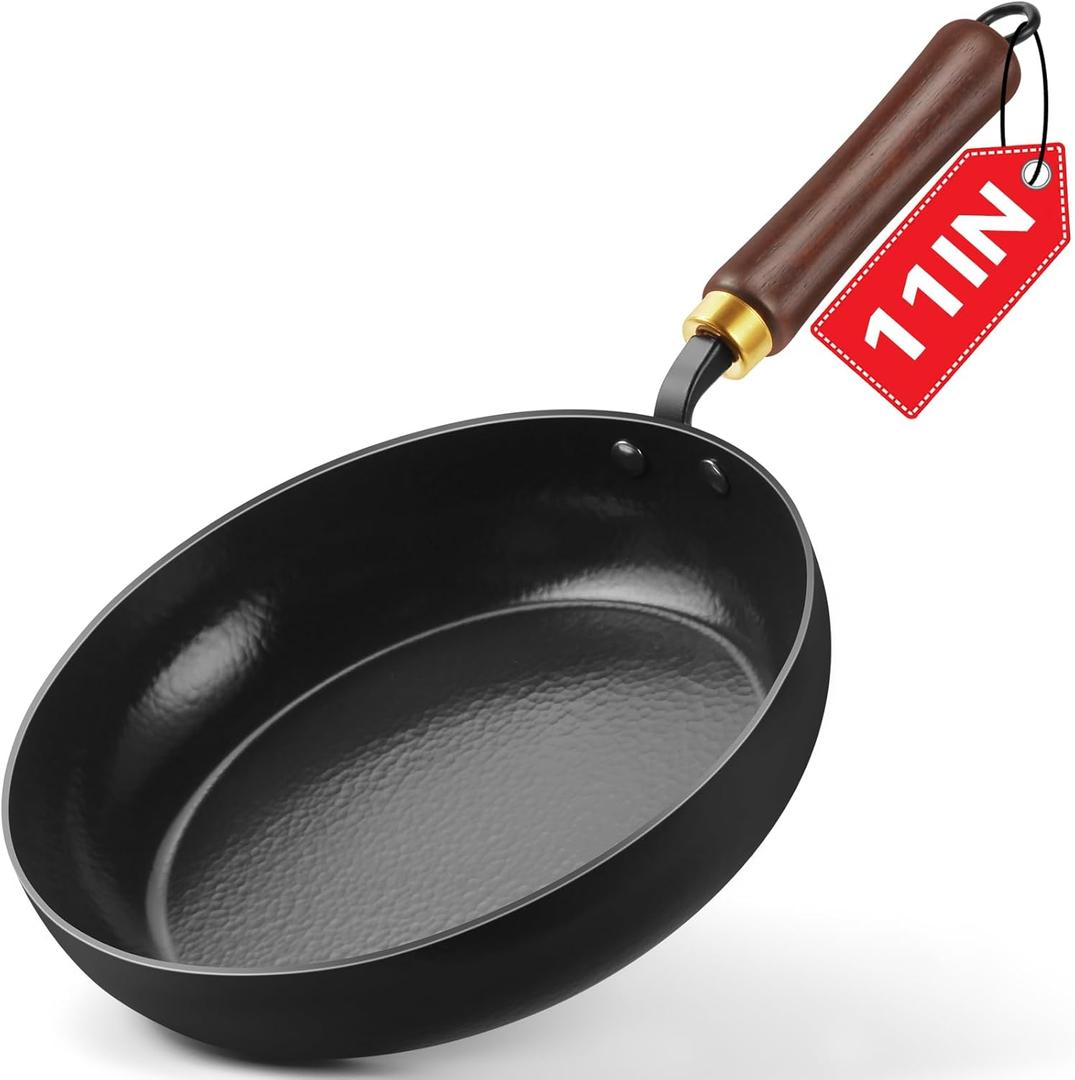 Carbon Steel Skillet, 11-Inch Nonstick Frying Pan, Stay-Cool Wooden Handle, Non Toxic, PTFE & PFOA Free Oven-Safe, Season-Free Enameled Carbon Steel Pan