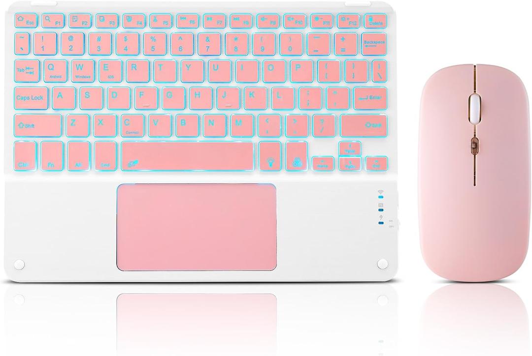 Ultra-Slim Bluetooth Keyboard with Built-in Touchpad and Mouse Portable Mini Wireless Keyboard Rechargeable 7-Color Backlit for Apple iPad iPhone Samsung Tablet iPhone Smartphone iOS Android Windows (Pink)