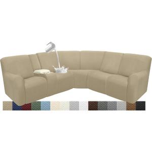 Waterproof Reclining Sectional Couch Covers Washable L Shaped Couch Cover for Sectionals Recliner Sofa Covers Stretch Corner Recliner Slipcovers for Dogs (5 Seater 1 Console Cover, Tan)