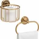 Lounsweer 2 Pcs Antique Brass Toilet Paper Holder, Brass Towel Ring Gold Bathroom Accessories Set Wall Mount Vintage Gold Tissue Roll Holder for Washroom Storage