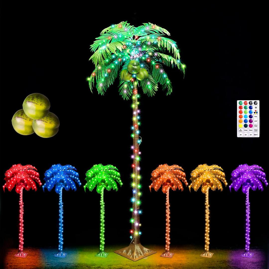 7 FT Color Changing LED Palm Tree with Coconuts, Remote Control - for Pool, Beach, Yard, Party Decor