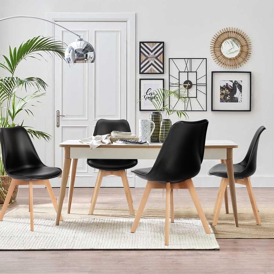 OLIXIS Dining Chairs Set of 4 Kitchen Mid Century Modern Chairs with Wood Legs and PU Leather Cushion for Living Room Bedroom Outdoor Lounge, Black