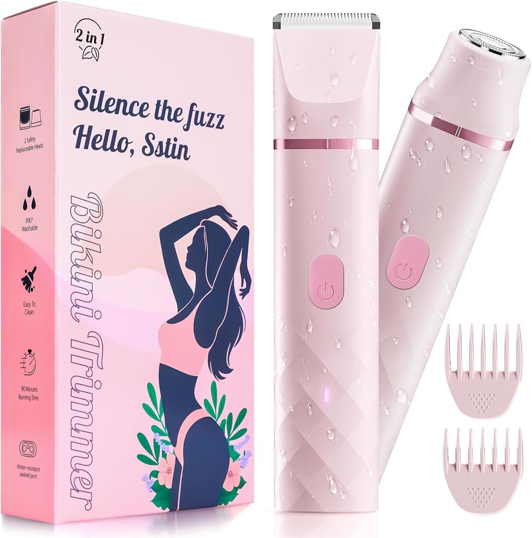 Bikini Trimmer for Women, IPX7 Waterproof, Painless Rechargeable Electric Razor Remover, 2-in-1 Facial & Pubic Hair Removal for Sensitive Skin, Portable Travel Size, Womens Gift, Pink