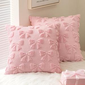 MIULEE Pink Bow Pillow Covers Coquette Room Decor Aesthetic Set of 2 Spring Decorative Cute Girl Soft Plush Faux Pillowcase for Preppy Room Decor Bedroom Couch,18x18 Inch