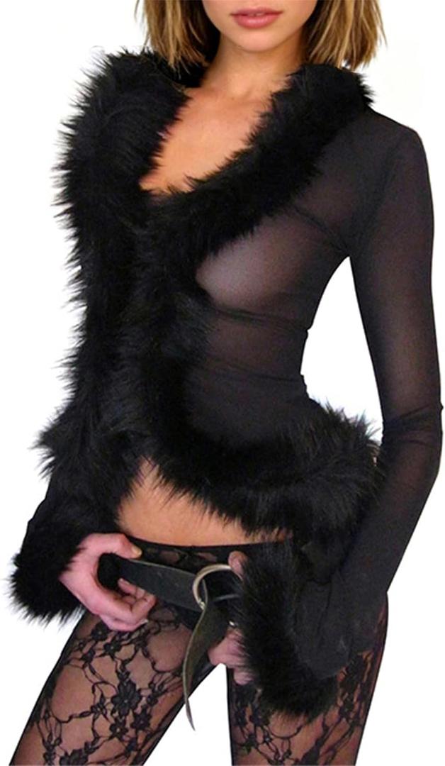 Fuzzy Fur Trim Mesh Crop Top for Women Sexy See Through Shirt Sheer Long Sleeve V Neck Cardigan Jacket Y2k Clubwear (Medium, Black)