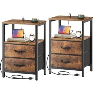 Huuger Nightstands Set of 2, End Tables with Charging Station, Fabric Drawers, Bedside Tables with USB Ports and Outlets, Night Stands for Bedroom, Rustic Brown, 11.8"D x 15.7"W x 23.6"H