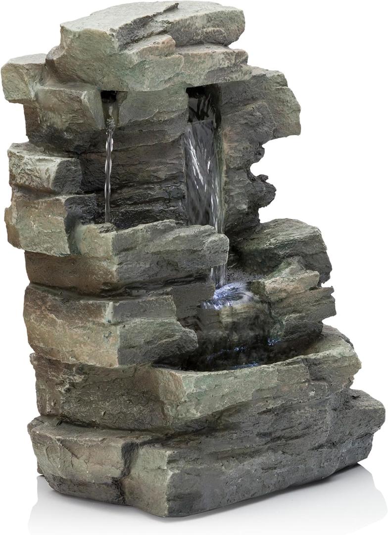 Alpine Corporation 13" Tall Indoor 4-Tier Cascading Tabletop Fountain with LED Lights, Gray