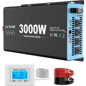 3000 Watts Pure Sine Wave Inverter 12V DC to 110V AC, 6000W Peak Power, 4 AC Outlets, USB & 30W Type-C, Adjustable Input for Lithium Battery, RV/Truck/Boat/Solar Backup with LCD Remote Controller