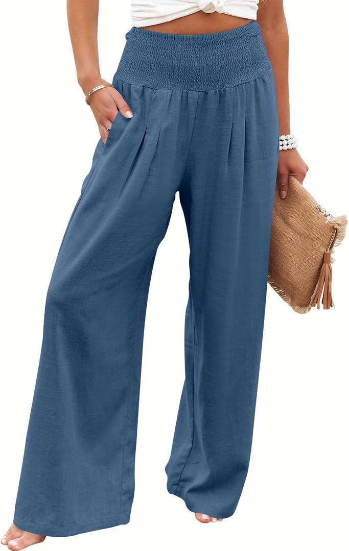 ANRABESS Women Linen Palazzo Pants Summer Boho Wide Leg High Waist Casual Lounge Pant 2025 Beach Travel Vacation Outfits (Small, Deep Blue)