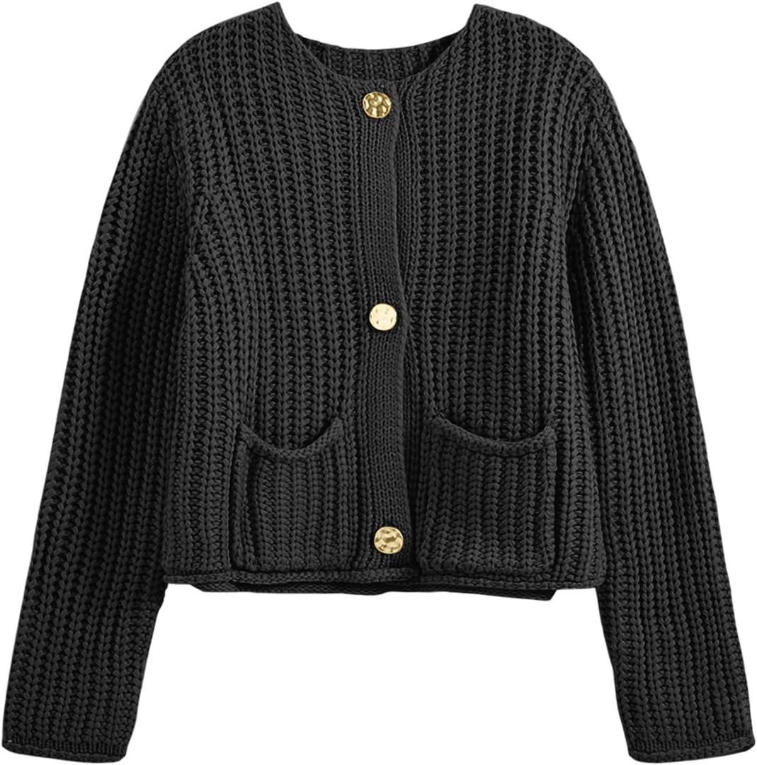 Saodimallsu Womens Button Up Sweaters Fall Chunky Knit Cropped Trendy Crewneck Loose Cardigan with Pockets (Small, Black)