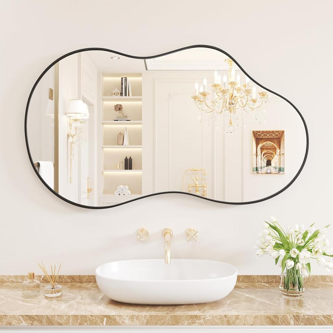 WEER Irregular Wall Mirror, 20x36 inch Black Asymmetrical Mirror Wall Mounted Mirrors Decorative, Abstract Wavy Aluminum Alloy Frame Bathroom Mirror, Bedroom, Living Room, Entryway