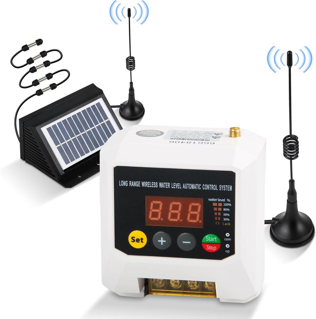 Long-Range Wireless Automatic Water Level Controller for Tank, Well & Cistern, Solar-Powered Digital Display Sensor, Prevents Pump Dry Run & Auto Water Filling System, 3KM Range