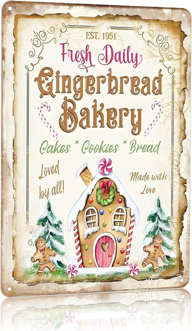 Artlunar Vintage Christmas Decor Gifts Rustic Christmas Fresh Daily Gingerbread Bakery Tin Sign for Home Farmhouse Kicthen Cafe Bar Wall Decor 8 x 12 inches (3246)