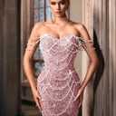 Women's Strapless Champagne Evening Gown Beaded Bodycon Maxi Dress for Prom Party Cocktail Wedding (Pink, XL)