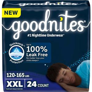 Goodnites Boys' Nighttime Underwear, Size XXL (120-165 lbs), 24 Ct (2 Packs of 12), Packaging May Vary